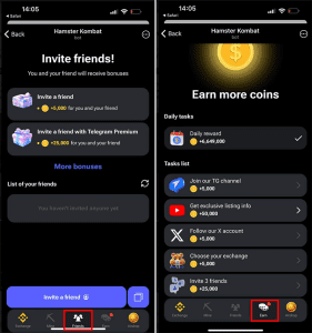 تب «Earn» بازی همستر