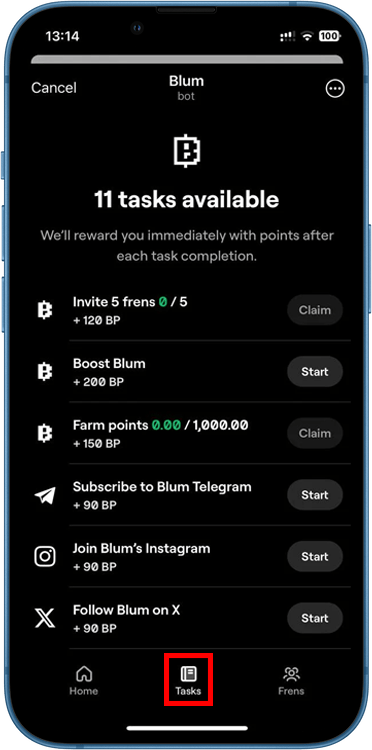 تب Tasks در بازی بلوم تلگرام