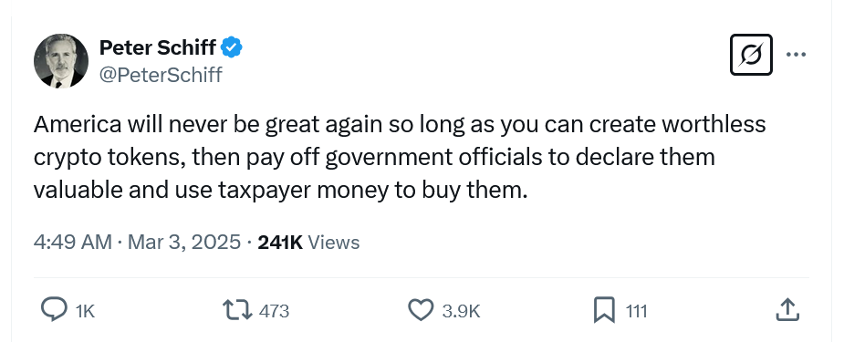 پست پیتر شیف درخصوص ذخایر کریپتویی