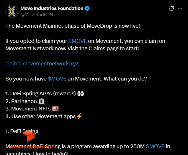 پست توییتری بنیاد موومنت درباره فعال‌سازی ایردراپ MoveDrop