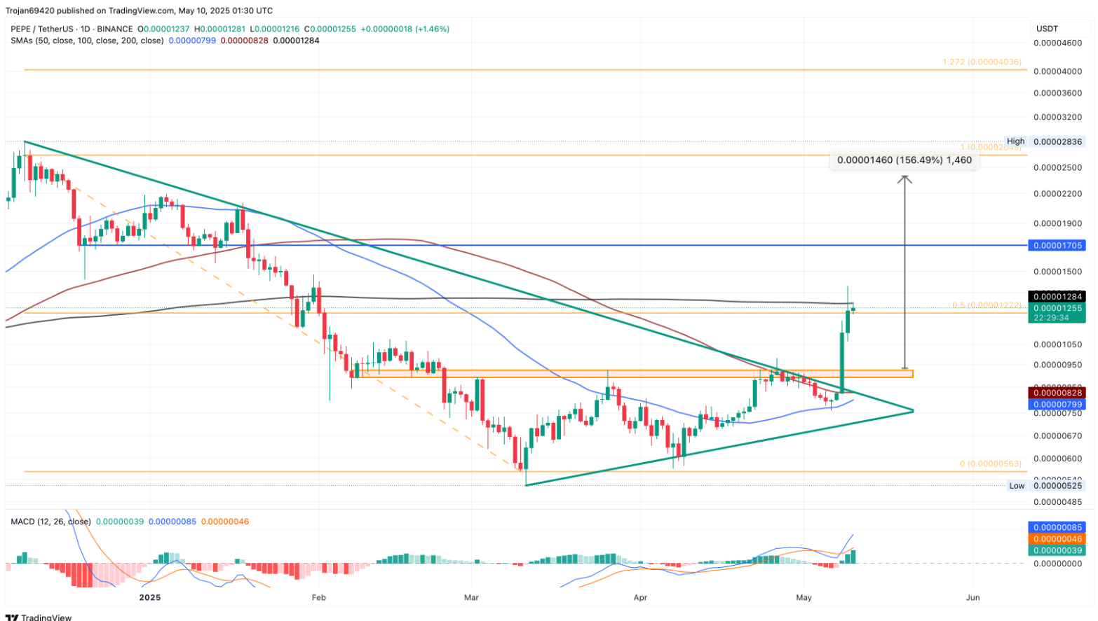 نمودار نشان دهنده پتانسیل رشد ارز پپه برای رسیدن به سقف تاریخی (ATH) جدید