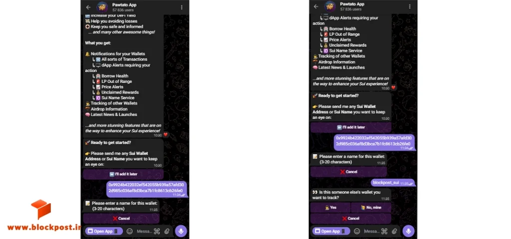 ثبت آدرس کیف پول سویی در بات تلگرامی pawtato