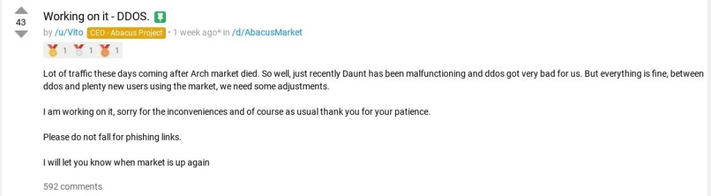 اسکرین‌شات از پست مدیر Abacus Market در فروم Dread که مشکلات فنی را بهانه می‌کند.
