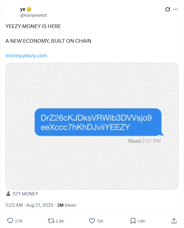 توییت کانیه وست و معرفی توکن YZY و آدرس قرارداد آن.
