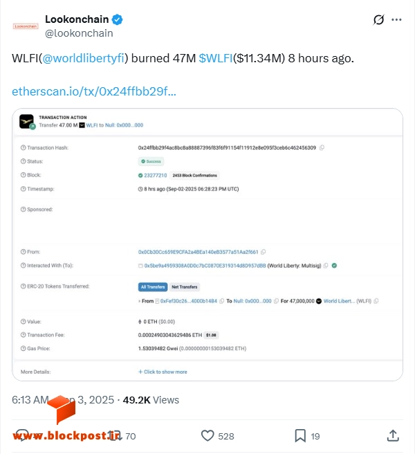 تراکنش آنچین مربوط به سوزانده شدن ۴۷ میلیون توکن WLFI.