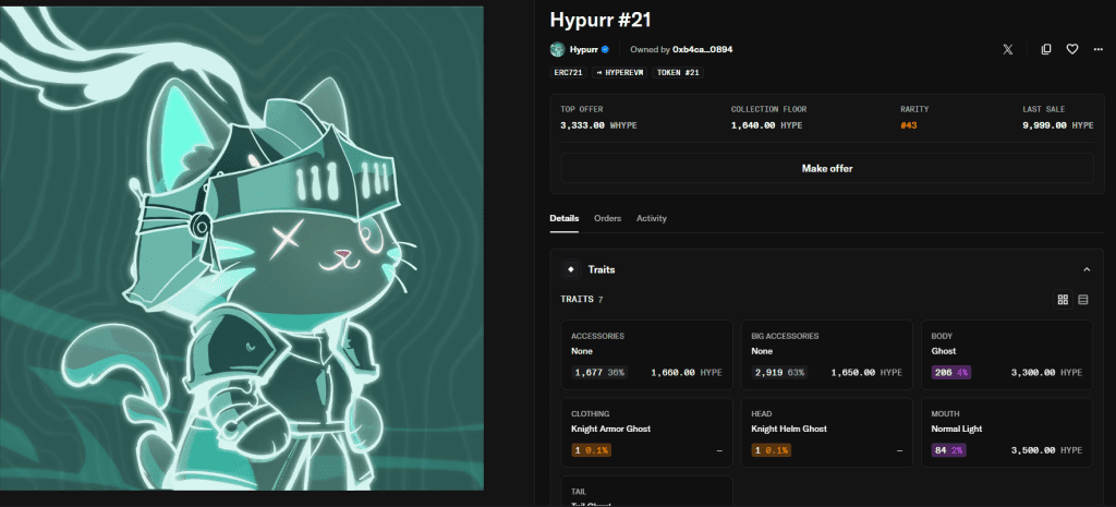 ان اف تی Hypurr شماره 21 با آخرین قیمت 9,999 واحد HYPE