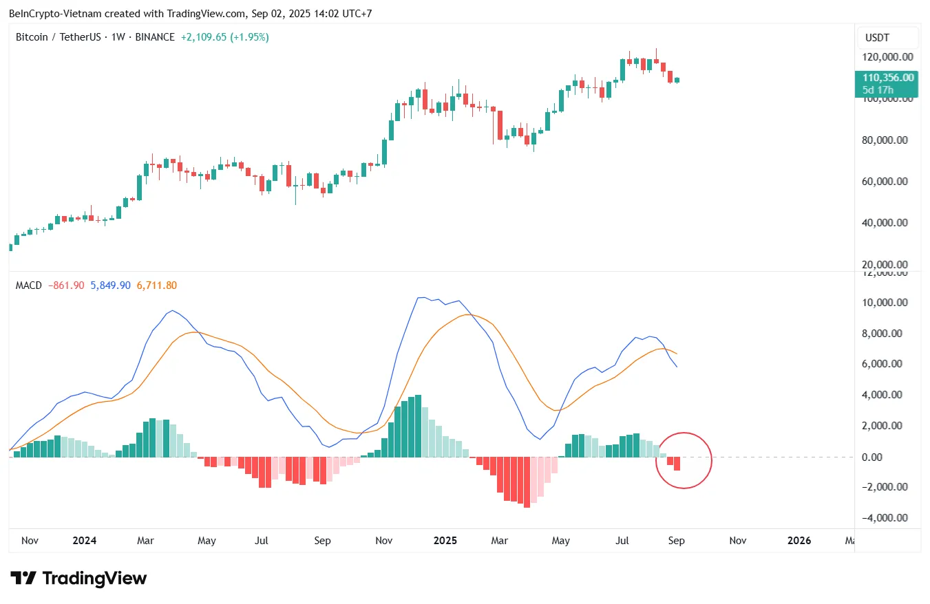 نمودار هفتگی MACD بیت کوین که یک تقاطع مرگ را به ثبت رسانده است.