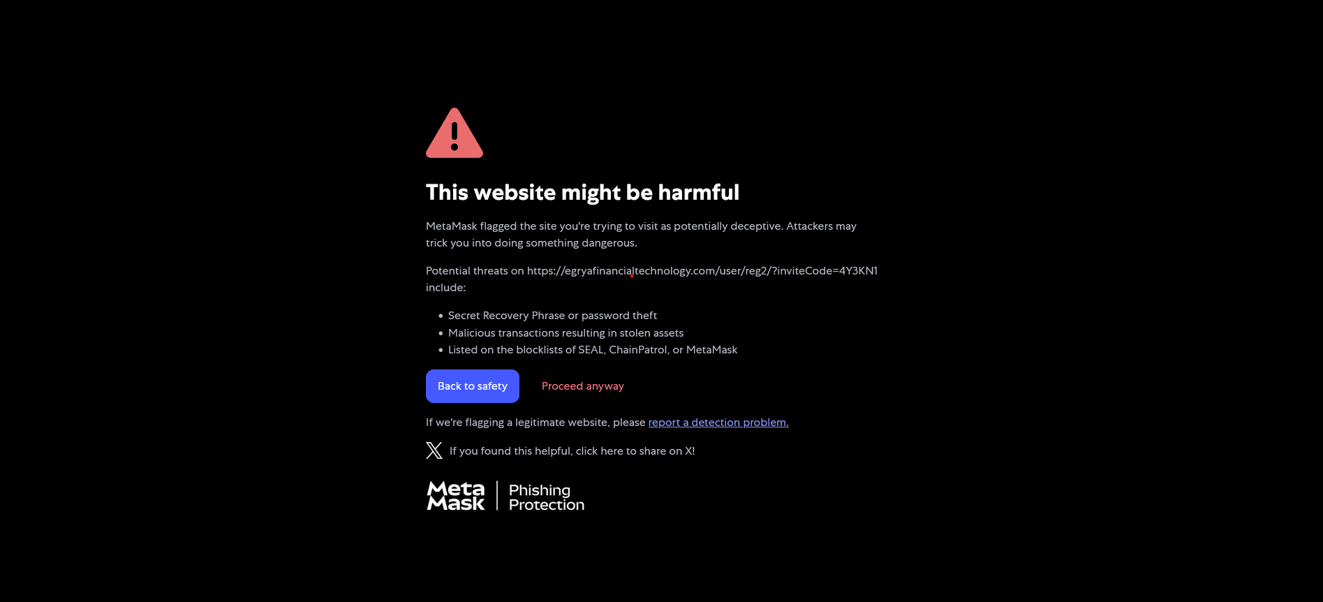 اخطار MetaMask نسبت به اگریا